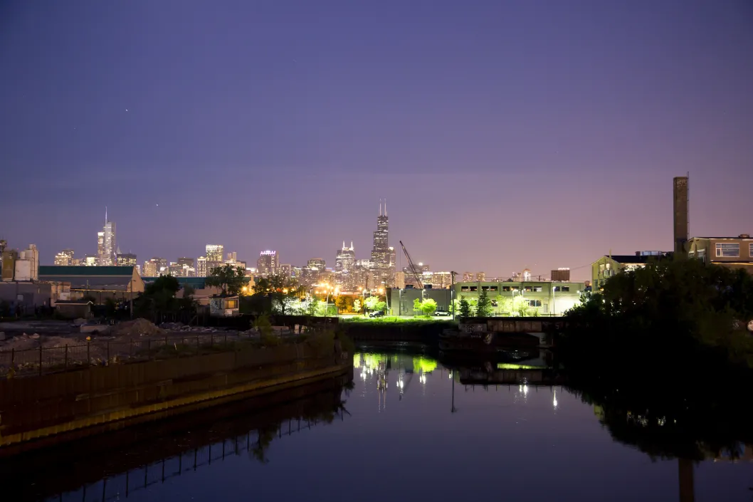 Chicago skyline at night in Lincoln Park Chicago