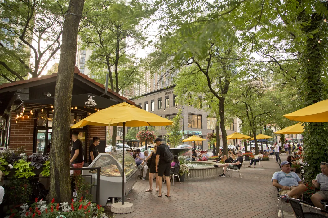 Coffee shop with outdoor patio seating in the Gold Coast Chicago