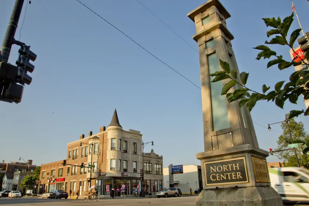 Concrete obelisk on North Damen Avenue corner in North Center Chicago