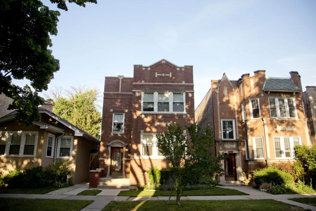 Exterior brick two flat apartment building in Arcadia Terrace Chicago