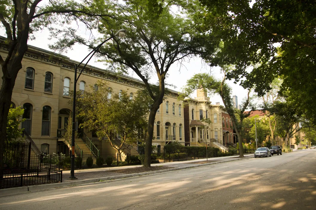 Limestone facade rowhouses in University Village Chicago