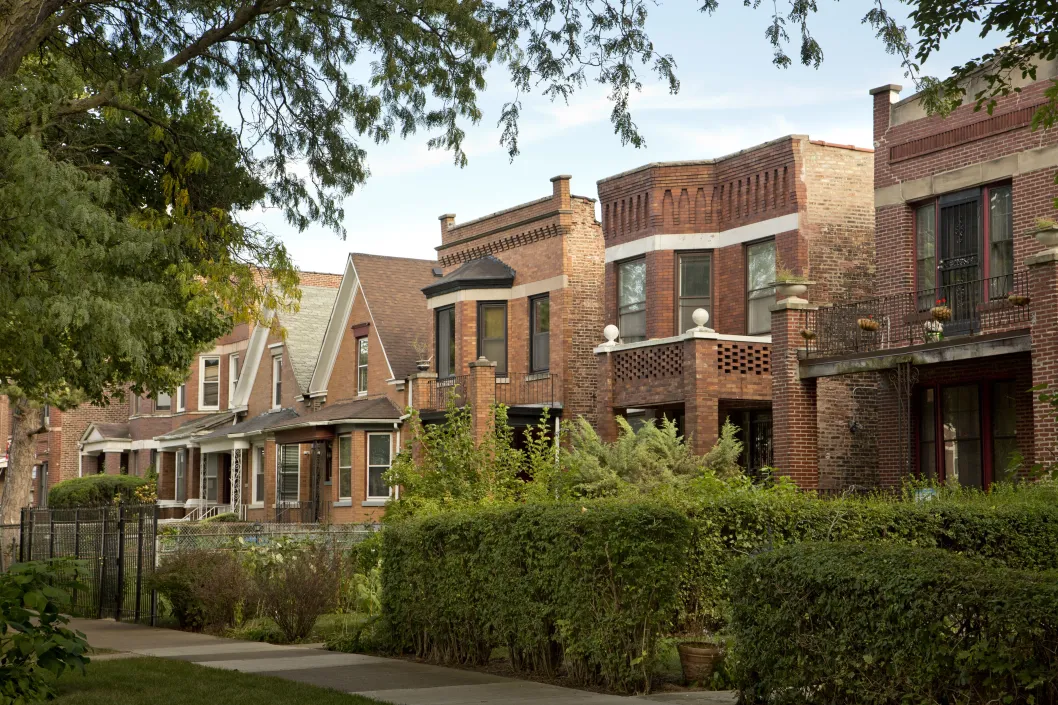 Vintage brick apartments and single family homes in West Garfield Park Chicago