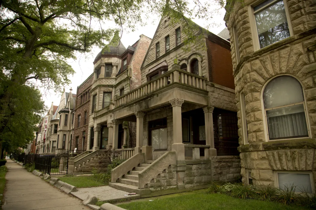 Vintage greystone mansion fronts in Bronzeville Chicago