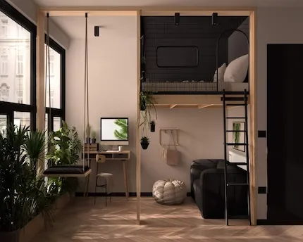 studio apartment in Chicago with a loft bed, plant on floor and looking towards a window