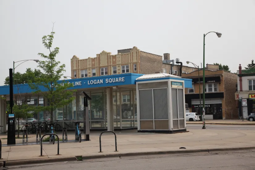 logan square blue line stop facade
